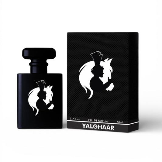 Black Yalghaar perfume bottle and packaging on a white background